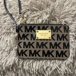 Michael Kors Black & Tan MK Logo Wristlet with Gold Plaque